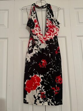 VINTAGE Y2K One-Shoulder Black, White & Red Floral Halter Dress